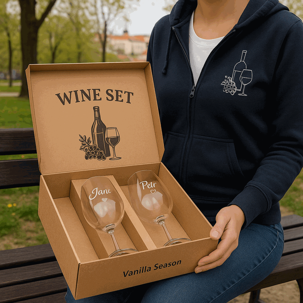 Wijnset, doos met ruimte voor een fles + 2 glazen 2 Wijnset, doos met ruimte voor een fles + 2 glazen